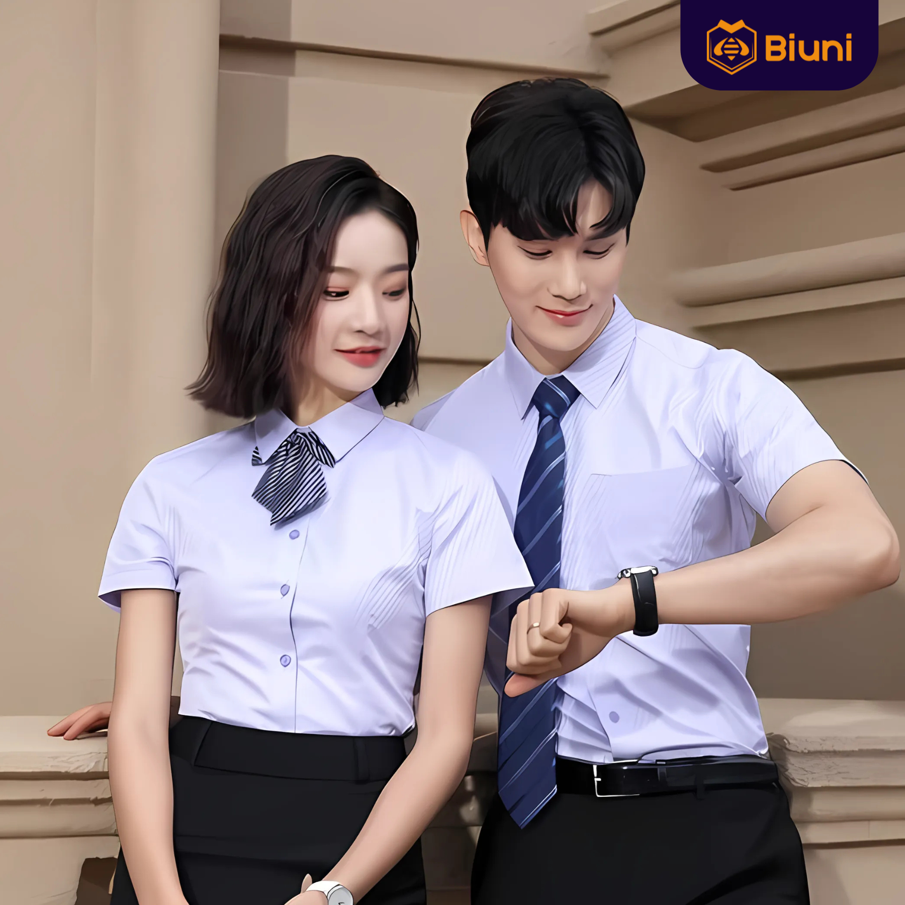 Áo sơ mi đồng phục ngắn tay twill tím dáng slim-fit cho nam và nữ