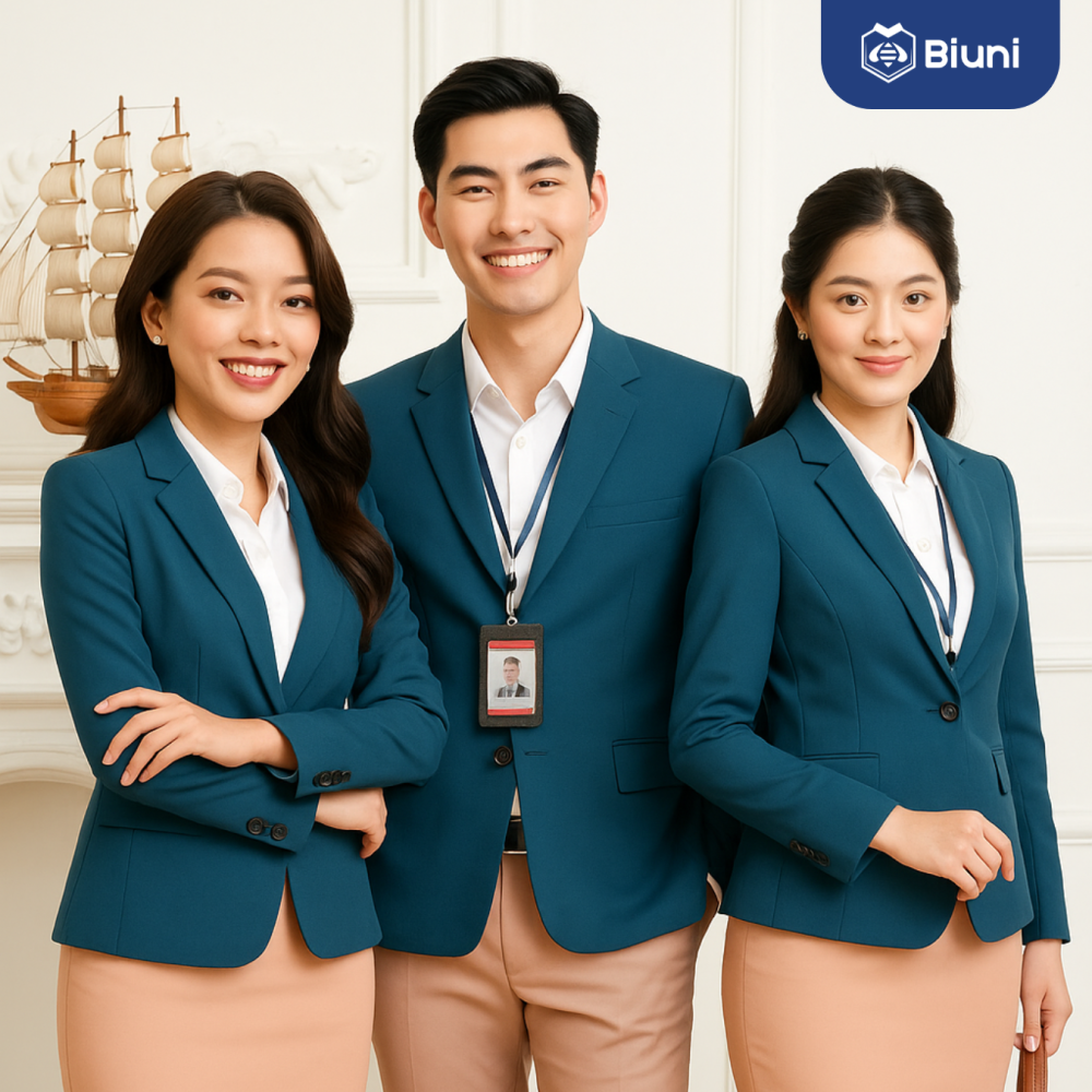 Đồng Phục Vest Nam Nữ Màu Xanh Cổ Vịt